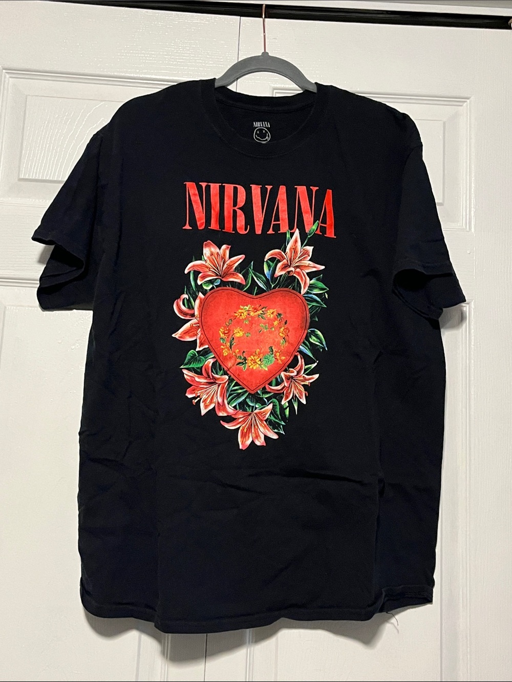 NIRVANA Black Tee with Red Floral Heart Graphic